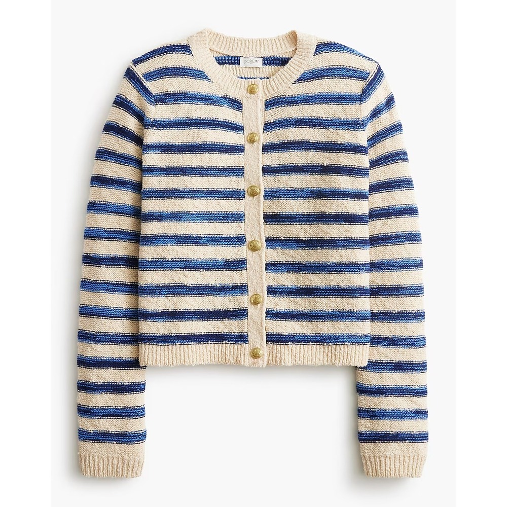 J Crew Striped Slub Cardigan Gold Buttons Dusty Ivory Navy Reef Blue Women XL